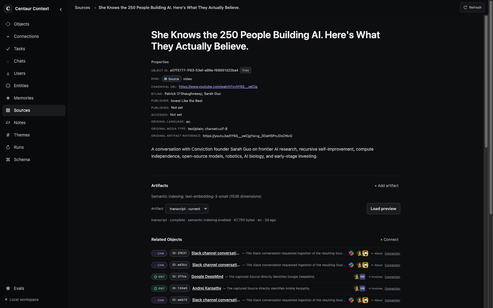 A source record with evidence, connections and history