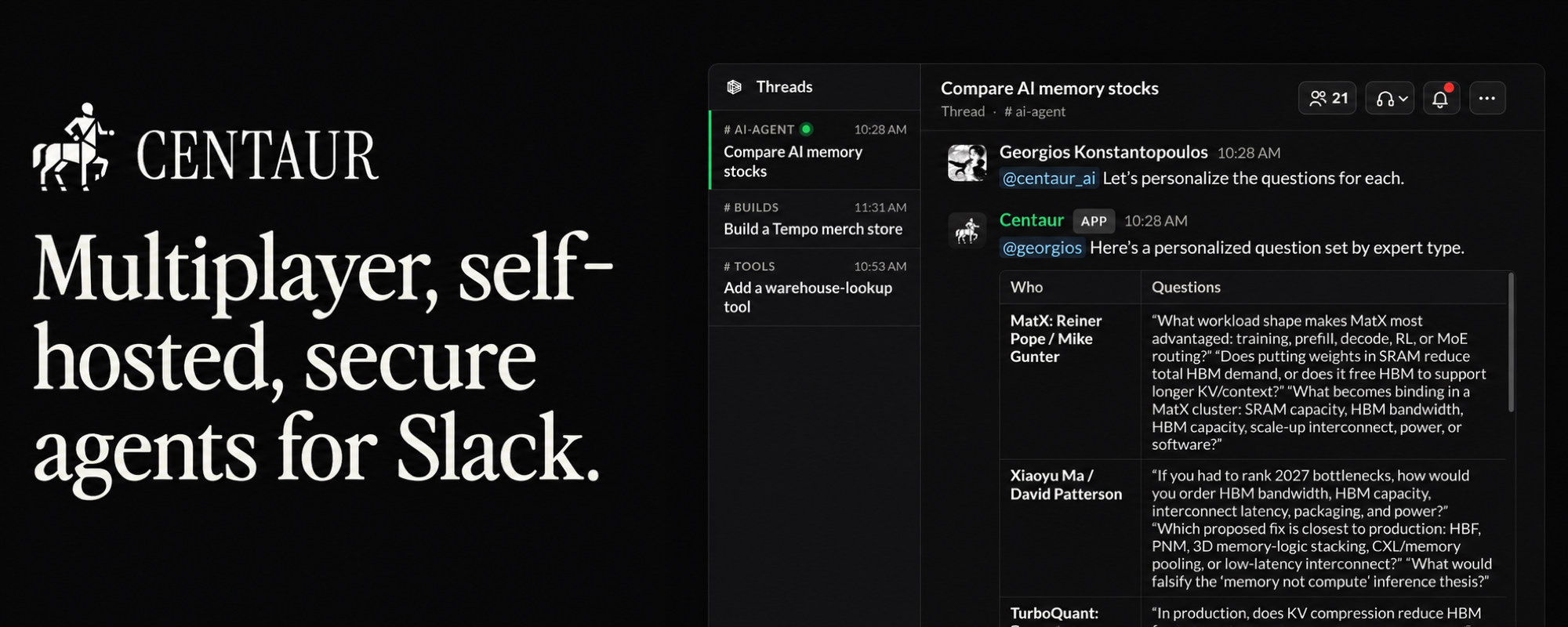Centaur banner with the line “Multiplayer, self-hosted, secure agents for Slack” beside a Slack conversation screenshot
