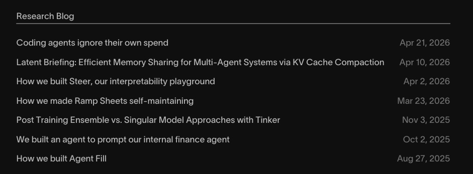 Ramp Labs research blog list showing posts on coding agents, Latent Briefing, interpretability, Ramp Sheets, and internal finance agents